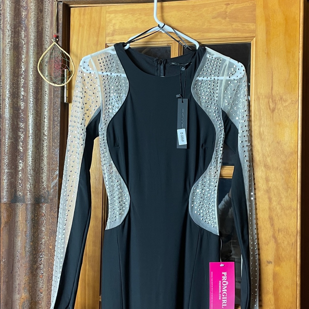 PromGirl, SYMPHONY Black Dress with SHEER Silver Accents, Size S - Picture 2 of 8